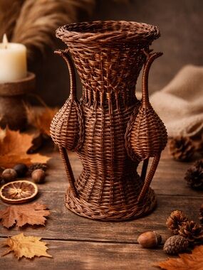 Vintage 70s Sculptural Wicker Rattan Vase | Artisan Boho Decor